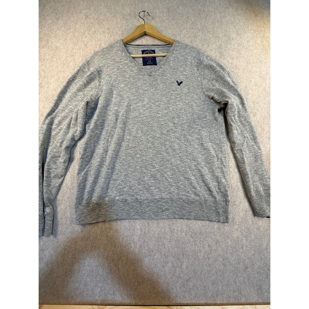 American Eagle Mens Athletic Fit V-Neck Sweater Heather Grey Logo Size L L/G